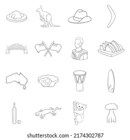 Australia travel set icons in outline style isolated on white background