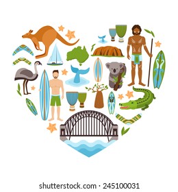 Australia travel tourism and landmarks decorative icons set in heart shape vector illustration