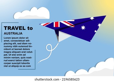 Australia Travel Vector Banner With Paper Flag And Text Space, Australia Country Flag On Paper Plane, Holiday And Vacation Concept, Summer Travel Template And Pattern, Flight Ticket Idea