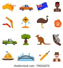 Australia traveling icons set with flag and map flat isolated vector illustration