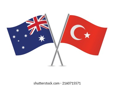 Australia and Turkey crossed flags. Australian and Turkish flags on white background. Vector icon set. Vector illustration.