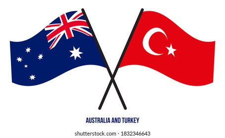 Banderas de Australia y Turquía Cruzadas y ondeando estilo plano. Proporción oficial. Colores correctos.
