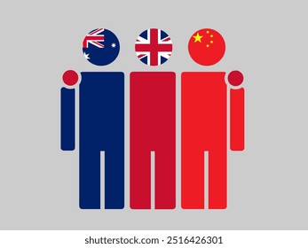 Australia, UK, and China National Flags With Embracing Body. Vector Illustration. Isolated background.