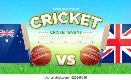 Australia UK Flag Cricket Poster Background, Vector Banner, Event Info Postcard Design and Typographic Sports Ad, Card Template, Ball, Stick Illustration