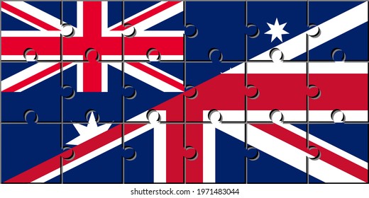 australia and uk flags are made from jigsaw pieces.
