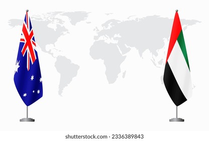 Australia and United Arab Emirates flags for official meeting against background of world map.