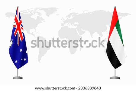 Australia and United Arab Emirates flags for official meeting against background of world map.
