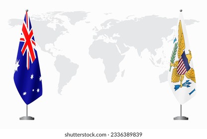 Australia and United States Virgin Islands flags for official meeting against background of world map.
