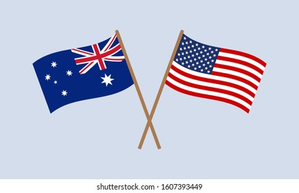 Australia and US crossed flags on stick. American and Australian national symbols. Vector illustration.