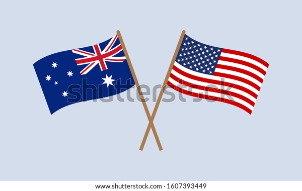 Australia Us Crossed Flags On Stick Stock Vector (Royalty Free) 1607393449