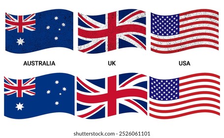 Australia, EE.UU. y Reino Unido ondeando iconos de la bandera con la Ilustración vectorial del Anuncio de AUKUS. Concepto de triple alianza.