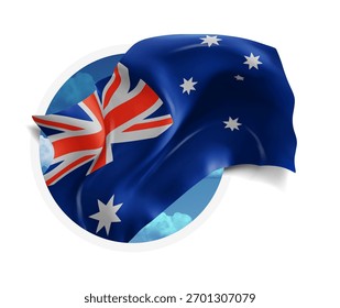 Austrália, vetor 3d bandeira contra um céu azul, através de um buraco redondo em um fundo branco