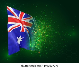 Australia, vector 3d flag on green background with polygons and data numbers