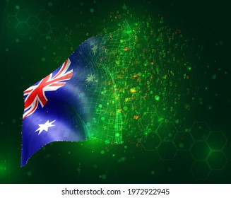 Australia; vector 3d flag on green background with polygons and data numbers