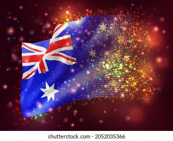 Australia, vector 3d flag on pink purple background with lighting and flares