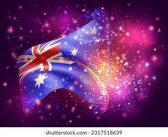 Australia, vector 3d flag on pink purple background with lighting and flares