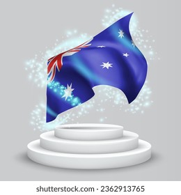 Australia, vector 3d flag on the podium surrounded by a whirlwind of magical radiance