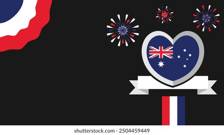 Australia vector banner design illustration with flag colors, geometric shapes and typography. fireworks and ribbon elements.