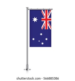 Australia vector banner flag hanging on a silver metallic pole. Vertical Australia flag template isolated on a white background.