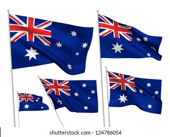 Australia vector flags set. 5 wavy 3D cloth pennants fluttering on the wind. EPS 8 created using gradient meshes isolated on white background. Five flagstaff design elements from world collection