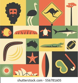Australia, vector flat illustration, icon set, landmark. Man, ostrich, road sign, tree, fish, mountain, turtle, shark, boomerang, map world, starfish, crocodile, sport, sun, opera, surfing, mask