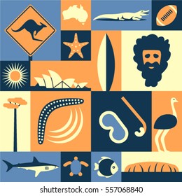 Australia, vector flat illustration, icon set, landmark. Man, ostrich, road sign, tree, fish, mountain, turtle, shark, boomerang, map world, starfish, crocodile, sport, sun, opera, surfing, mask