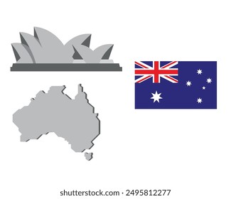 Australia Vector Icon Set consisting of flag, Sydney Opera and Australian map