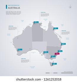 Australia vector map with infographic elements, pointer marks. Editable template with regions, cities and capital Canberra. 