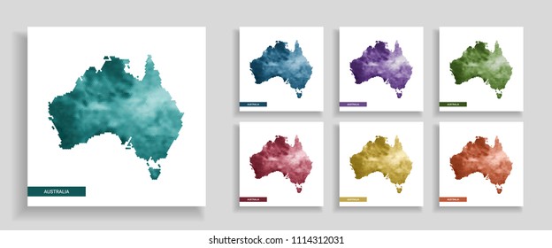 Australia vector map. Set of map, hexagon texture and different colors - green, violet, blue, red, yellow