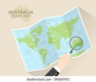 Australia vector map. World Map with Magnifying Glass - Australia in Focus. Folded map with magnifier.