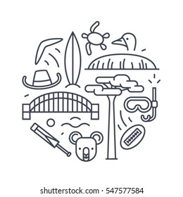 Australia, vector outline illustration, pattern, white background: boomerang, hat, serf, bridge, cricket, koala, tree Baobab, sport, mountain Uluru, ostrich, turtle