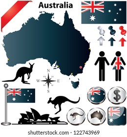 Australia vector set with country shape, flags and symbols on white background