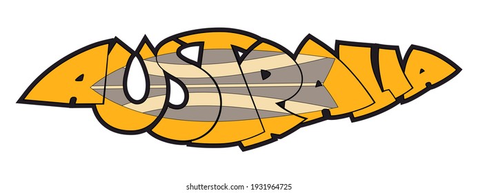 Australia vector text. Cartoon style hand drawn lettering with surfboard. Isolated on white background. Can be used for printing on t shirt and souvenirs. Posters, banners, cards, flyers, stickers.