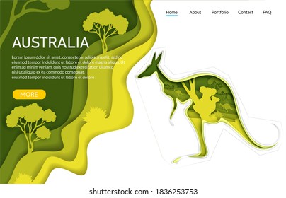 Plantilla de sitio web de vector de Australia, diseño de página de aterrizaje para el desarrollo de sitios web y móviles. La silueta de canguro de artesanía de papel con naturaleza australiana, koala lleva adentro. Viaje a Australia.