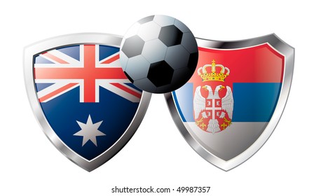 Australia versus Serbia abstract vector illustration isolated on white background. Shiny football shield of flag Australia versus Serbia