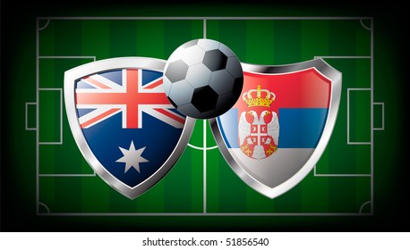 Australia versus Serbia abstract vector illustration isolated on white background. Soccer match in South Africa 2010. Shiny football shield of flag Australia versus Serbia