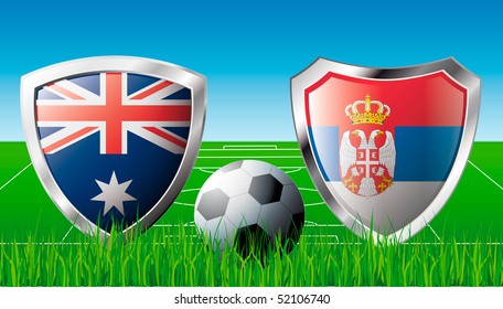 Australia versus Serbia abstract vector illustration isolated on white background. Shiny football shield of flag Australia versus Serbia