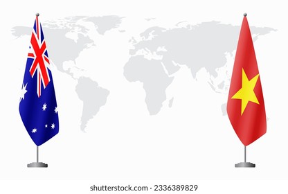 Australia and Vietnam flags for official meeting against background of world map.