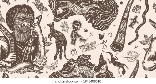 Australia vintage horizontal seamless pattern. Ethnic Australian aboriginal tribes bushmen. Boomerang, rock painting, kangaroo, map. Retro old school tattoo vector background 