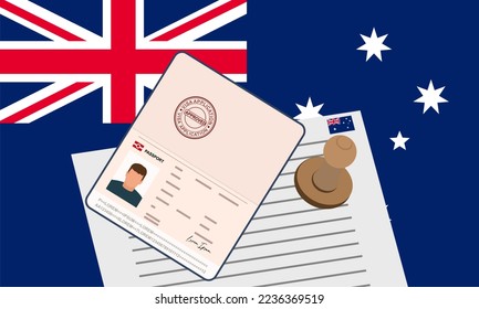 Australisches Visum, offener Reisepass mit Visum für den Grenzübertritt. Konzept der Einwanderungsvisa. Hintergrund mit der Flagge Australiens. Vektorgrafik