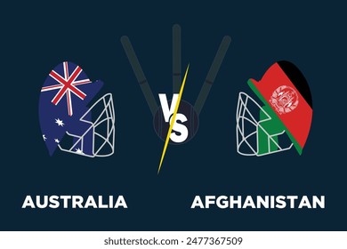 Australien vs Afghanistan Cricket Match Concept.Rivale Flaggen beider Teams mit Cricket Helm Isolate mit Ball, Korbleger und dunklem Hintergrund. Bearbeitbare EPS-Datei. AUS vs AFG Match Concept.