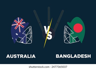 Australien gegen Bangladesch Cricket Match Konzept. Rivale Flaggen beider Teams mit Cricket Helm isolieren mit Ball, Korb und dunklem Hintergrund. Bearbeitbare EPS-Datei. AUS vs BAN Match Concept.