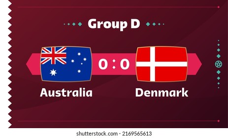 australia vs denmark match. Football 2022 world championship match versus teams on soccer field. Intro sport background, championship competition final poster, flat style vector illustration