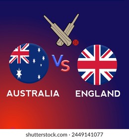 Australien Vs England Cricket Match mit Schläger und Ball Icons Fixture Hintergrund mit rot und blau Farbe Thema Vektorillustration 