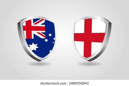 Australien gegen England Flaggenschilde auf weißem Hintergrund, Cricket-Wettbewerb Vektorillustration