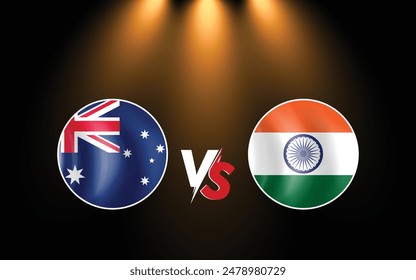 Australien gegen Indien Vektorillustration Design. Beide Flaggen sind in einem kreisförmigen Konzept mit Scheinwerfern auf schwarzem Hintergrund.