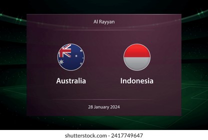 Australia vs Indonesia. knockout stage Asia 2023, Soccer scoreboard broadcast graphic template