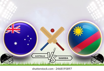 Australien vs Namibia International Cricket: 3D Circular Flag Badge Design - EPS Vektorgrafik für Sportspiel Vorlage oder Banner, Social Media Post, Web Illustration