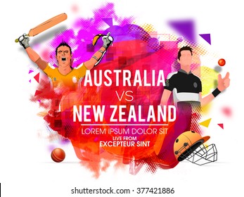 Australia vs New Zealand Cricket Match concepto con ilustración de jugadores uniformados con un colorido fondo abstracto.