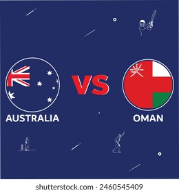 Australien vs Oman (AUS vs OMA) Cricket Flag Design auf weißem Hintergrund. EPS Simple Vektorgrafik File für den Sport. Einzelkunstwerk. Cricket Match Konzept mit kreativer Illustration der Teilnehmerländer.